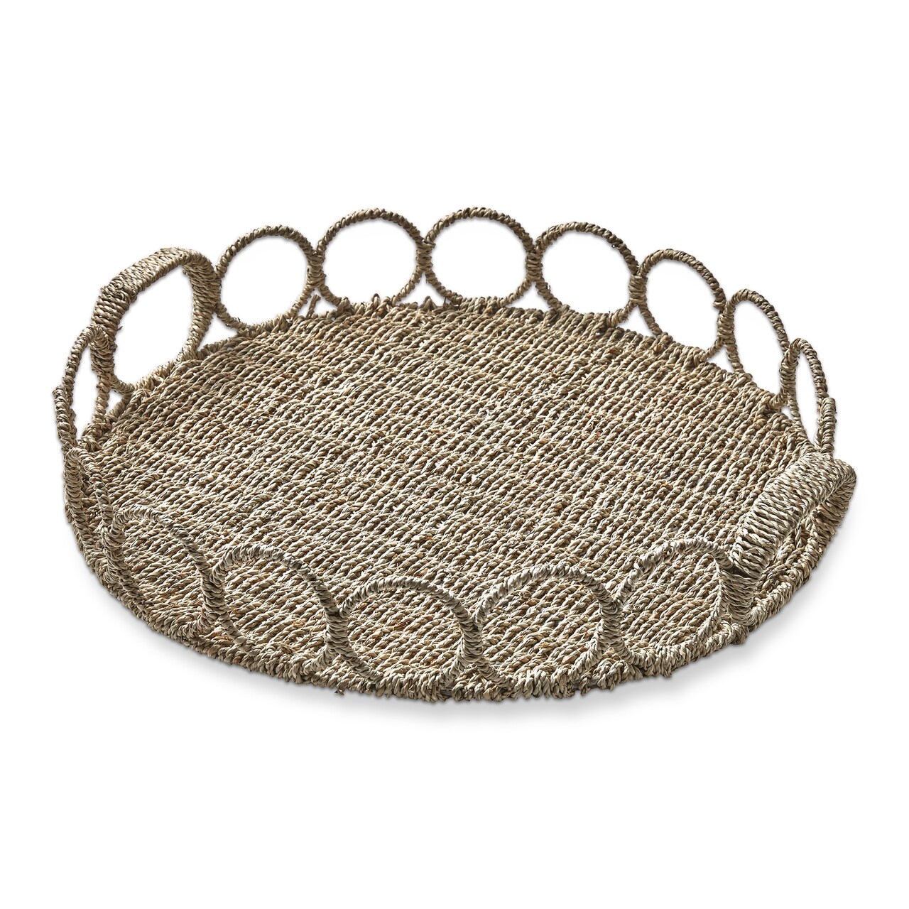 Natural Seagrass Link Round Serving Decorative Tray with Handles 21 inch
